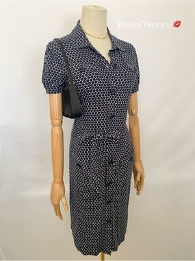 ANNE KLEIN SHORT SLEEVE BELTED BUTTON FRONT POLKA DOT UTILITY DRESS IN NAVY